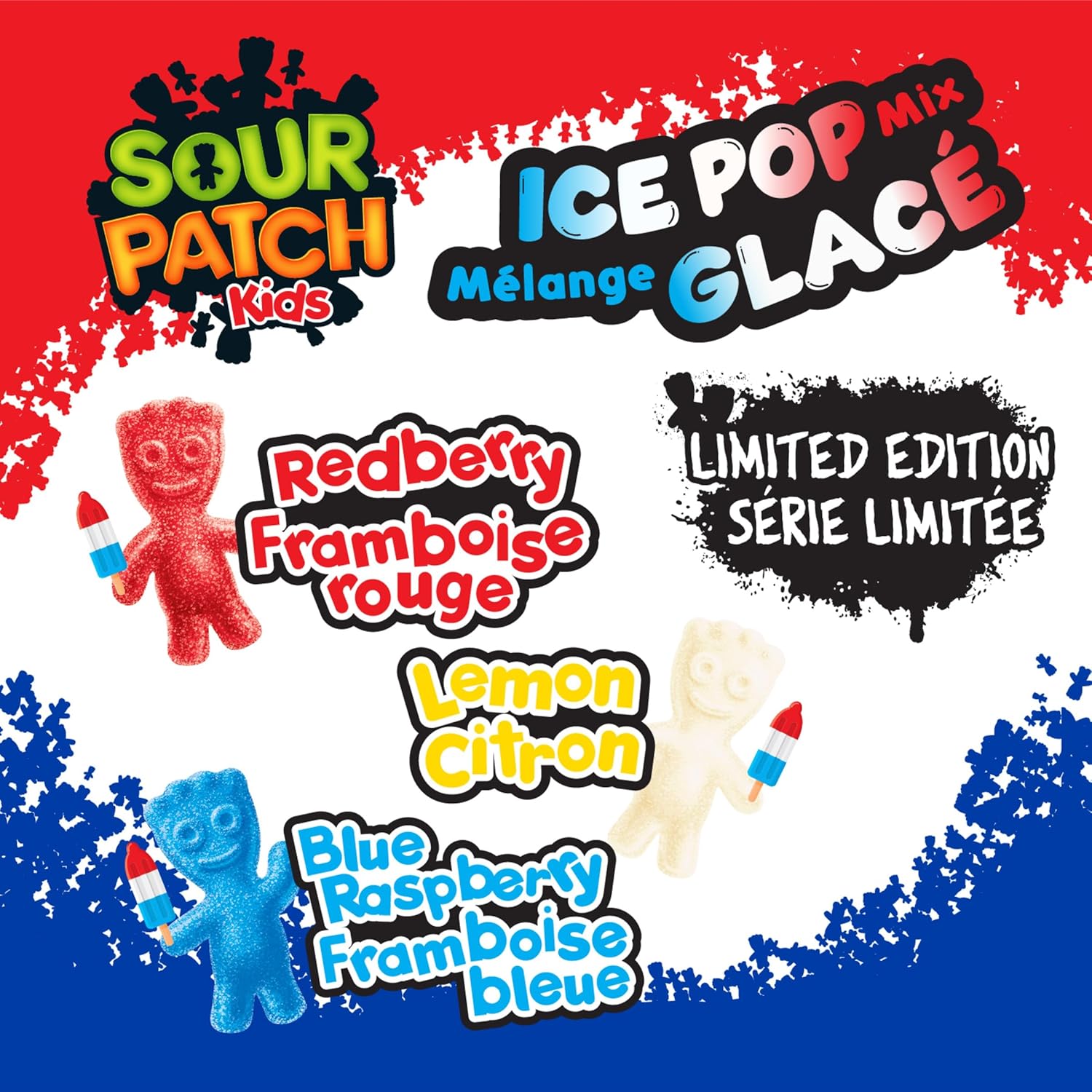 Sour Patch Kids ICE POP MIX Gummy Candy, 150g/5.2 oz with red, blue, and white ice pops and colorful text on a red and blue background.